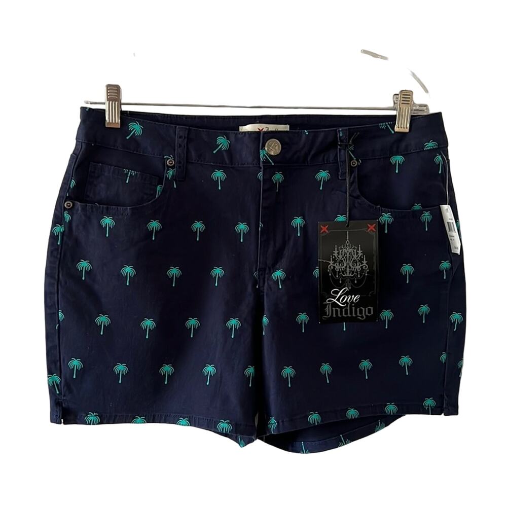 Love Indigo NWT Navy Blue Palm Tree Print Stretch Twill Shorts Woman Size 14